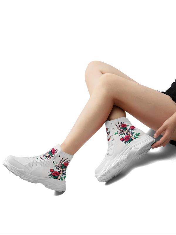 Women's Floral & Skeleton Hand Print High Top Sneakers, Fashionable Lace Up Front Chunky Sneakers, Casual Comfortable Sports Shoes for Daily Wear