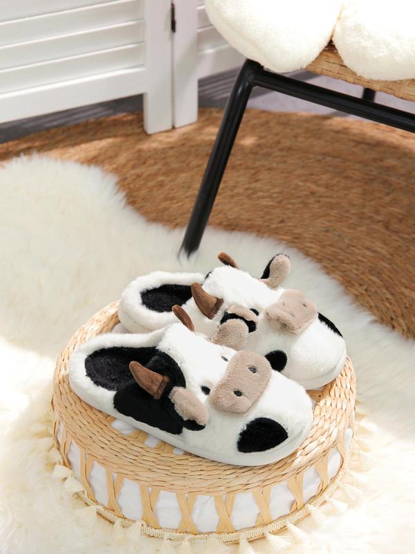 Women's Cute Cow Design Plush Slippers, Casual Soft Comfortable Home Slippers, Warm Slippers for Indoor & Outdoor Use for Fall & Winter