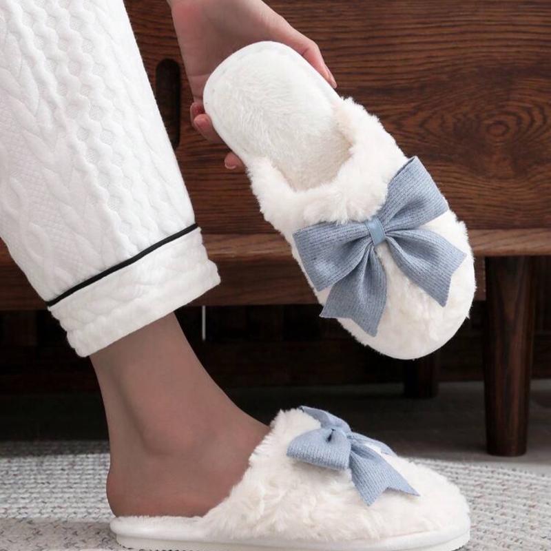 Plush Bow Tie Slippers For Women, Warm Indoor House Slippers, Couple Wear, Non-Slip Floor Furry Mules For Winter