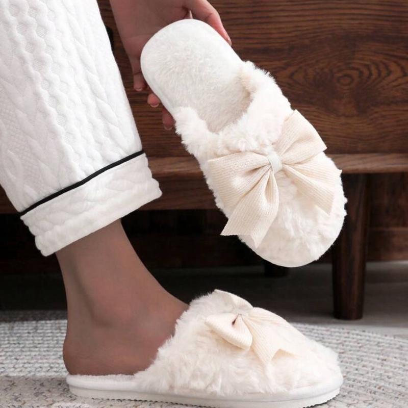 Plush Bow Tie Slippers For Women, Warm Indoor House Slippers, Couple Wear, Non-Slip Floor Furry Mules For Winter