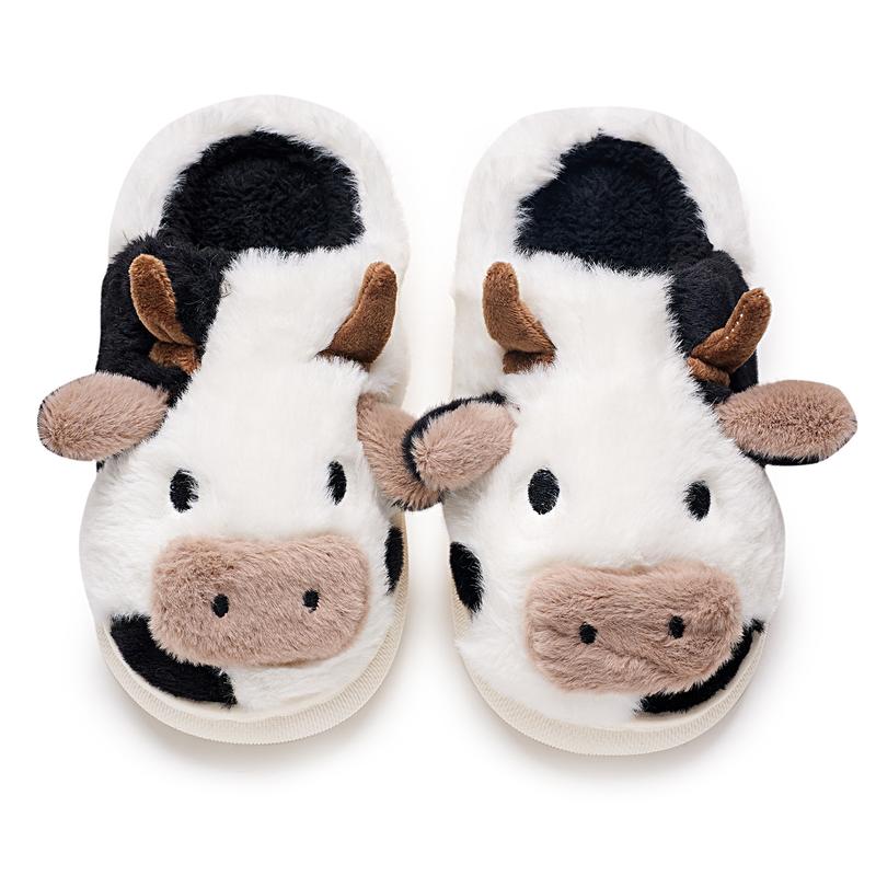 Winter Cute Plush Cow Slippers for Women Men Girls, Kawaii Fluffy Fuzzy and Cozy Cotton Slippers for Indoor Outdoor Spring Autumn Winter, Soft Warm House Shoes