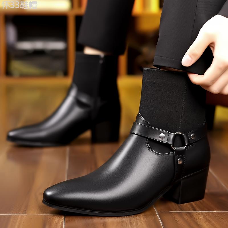 Men's Zippered PU Leather Heeled Boots, Casual Walking Shoes Boy Footwear