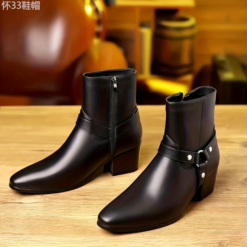 Men's Zippered PU Leather Heeled Boots, Casual Walking Shoes Boy Footwear