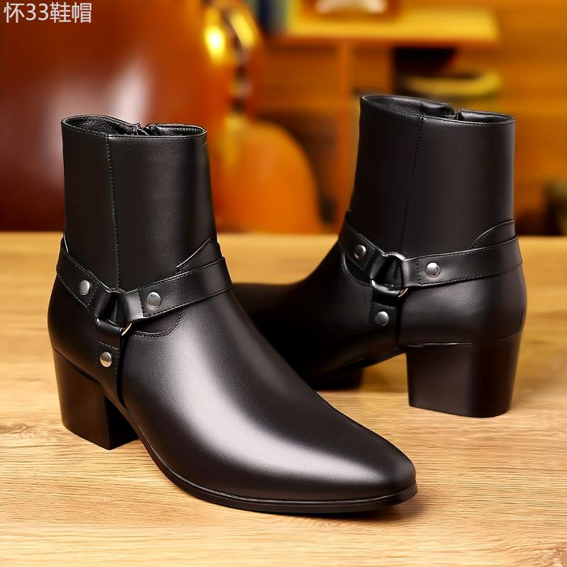 Men's Zippered PU Leather Heeled Boots, Casual Walking Shoes Boy Footwear