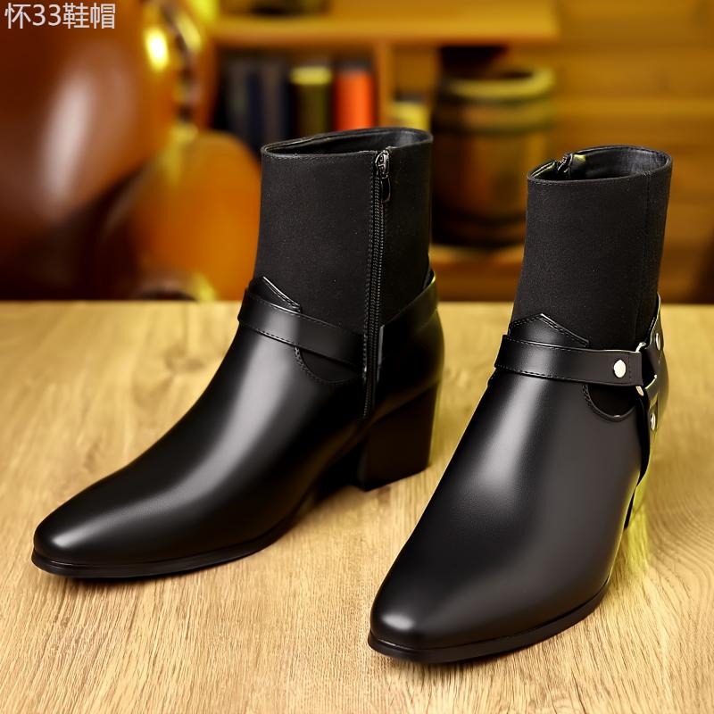 Men's Zippered PU Leather Heeled Boots, Casual Walking Shoes Boy Footwear