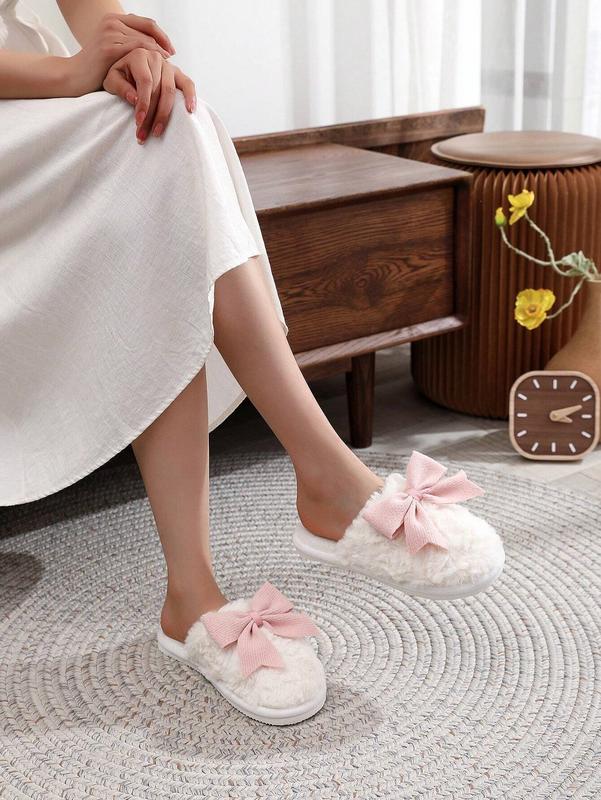 Women's Plush Bow Tie Slippers, Warm Indoor House Mules for Winter - Girl, Footwear Shoe Walking Shoes Flipflop Slide Comfort Kitchen Tsinelas silk  monthly slipper Nail Dance