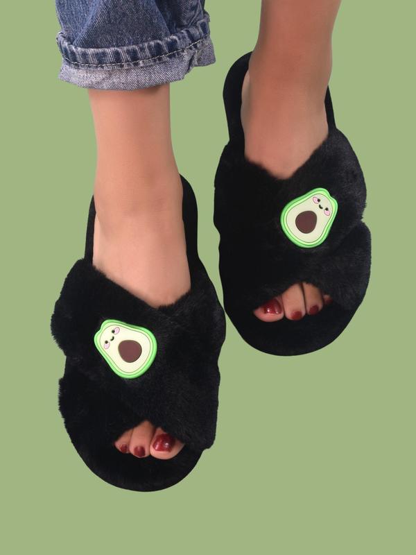 Women's Fashionable Cute Cartoon Avocado Design Plush Slippers, Casual Soft Comfortable Home Slippers, Cross Strap Fluffy Bedroom Slippers