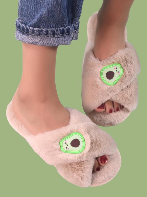 Women's Fashionable Cute Cartoon Avocado Design Plush Slippers, Casual Soft Comfortable Home Slippers, Cross Strap Fluffy Bedroom Slippers