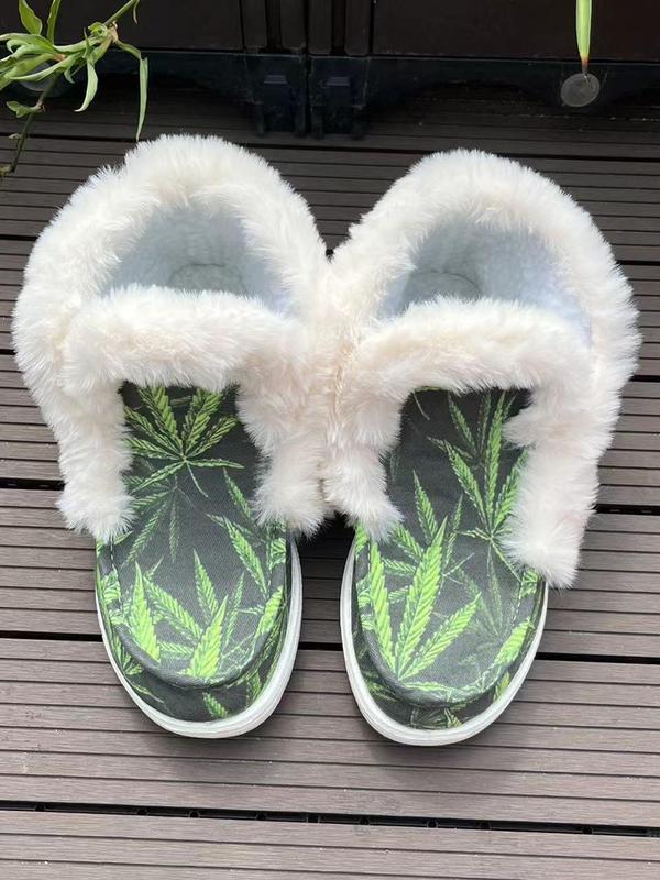 Women's Leaf Print Plush Slip on Shoes, Casual Comfortable Breathable Home Slippers, Warm Soft Shoes for Indoor & Outdoor Wear