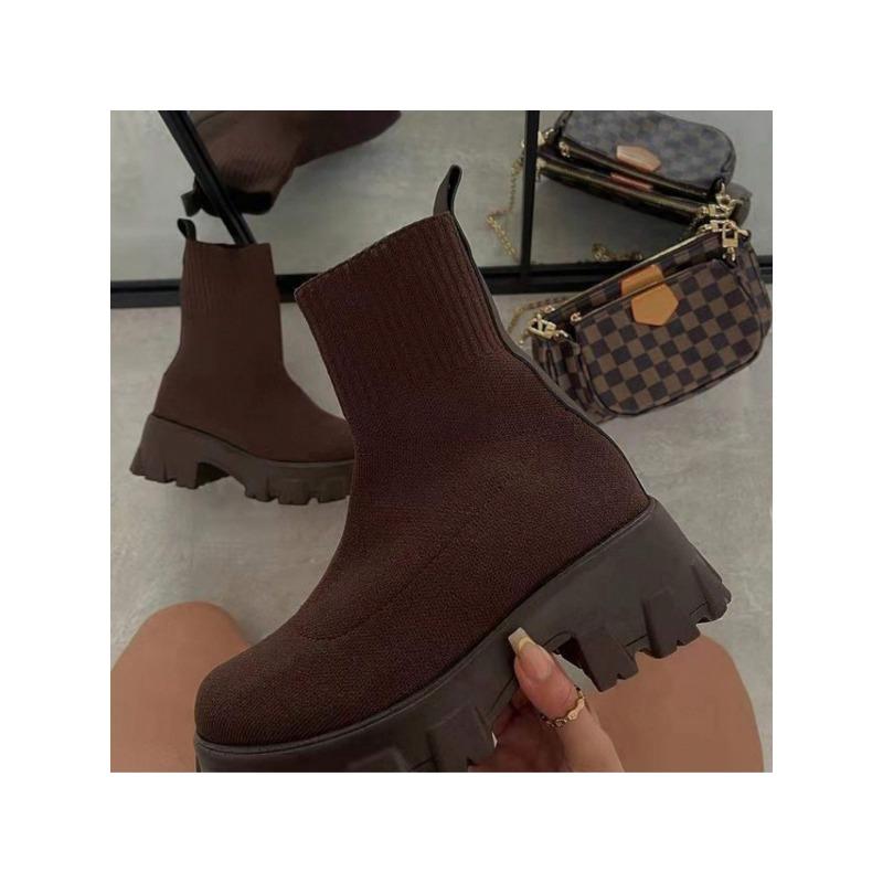 Women Woven Ankle Boots Knit Sock Boot Chunky Block Stacked Mid Heel Comfortable Booties Shoes Winter