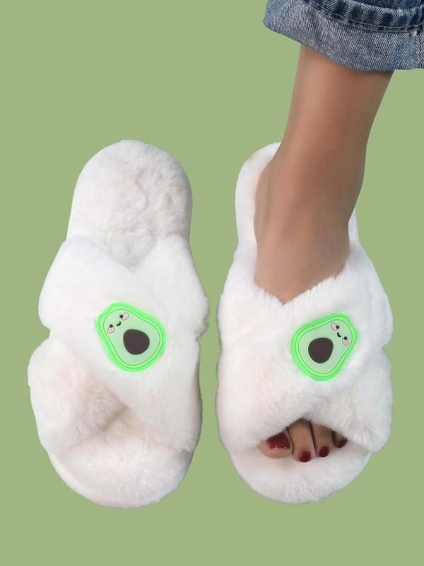 Women's Fashionable Cute Cartoon Avocado Design Plush Slippers, Casual Soft Comfortable Home Slippers, Cross Strap Fluffy Bedroom Slippers