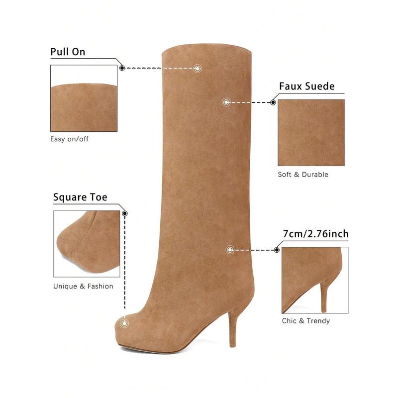 Luxury Fashion Women's Knee High Long Boots Square Toe Wide Calf Stiletto Heel Tall Boots