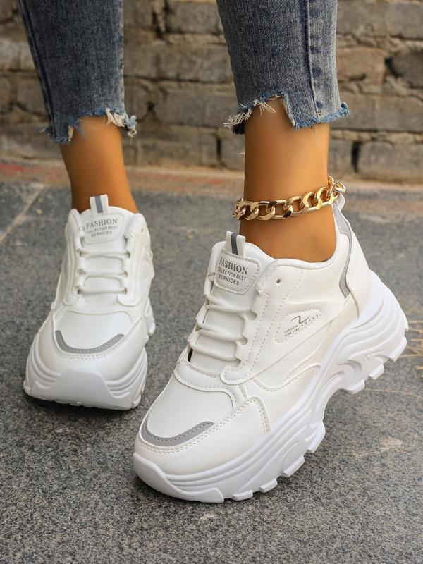 Women's Fashiona Letter Label Design Lace Up Front Chunky Sneakers, Casual Comfort Round Toe High Heel Sneakers, All-match Commuter Shoes for Work & Daily Wear