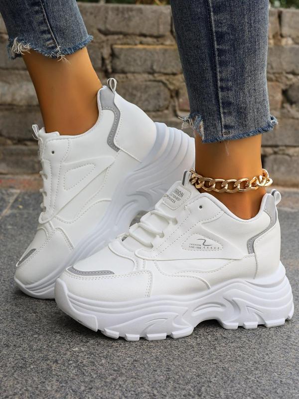 Women's Fashiona Letter Label Design Lace Up Front Chunky Sneakers, Casual Comfort Round Toe High Heel Sneakers, All-match Commuter Shoes for Work & Daily Wear