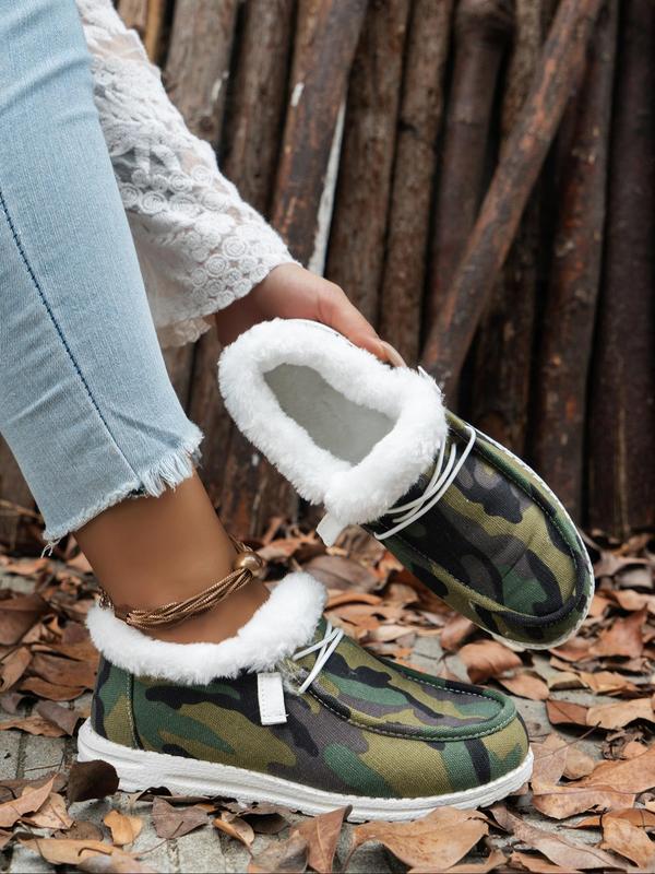 Women's Camo Pattern Lace Up Low Top Shoes, Casual Warm Thermal Lined Fall Shoes for Outdoor, Female All-match Round Toe Shoes for Winter