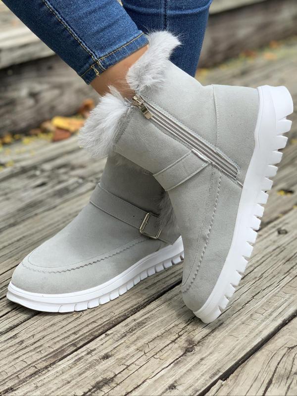 Women's Fashionable Contrast Faux Fur Belted Decor Boots, Casual Comfortable Warm Boots for Winter, Female All-match Trendy Shoes for Daily Wear