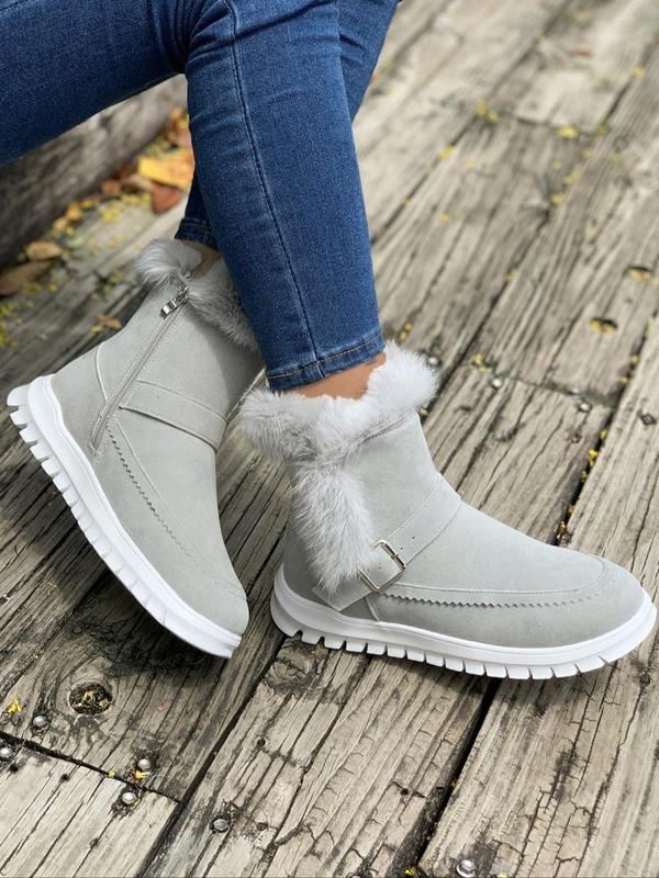 Women's Fashionable Contrast Faux Fur Belted Decor Boots, Casual Comfortable Warm Boots for Winter, Female All-match Trendy Shoes for Daily Wear