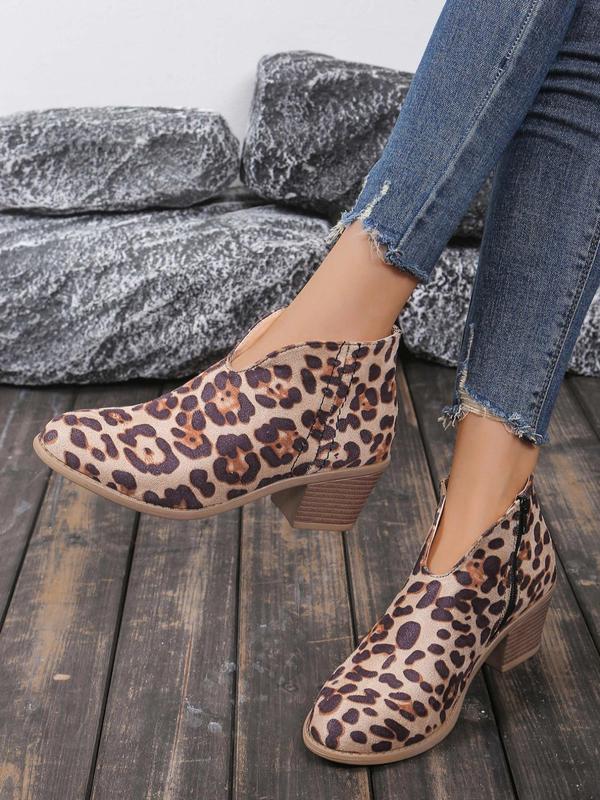 Women's Fashion Leopard Print Zipper Ankle Boots, Casual Comfortable Chunky Heel Boots for Daily Wear, Female All-match Shoes for Fall & Winter