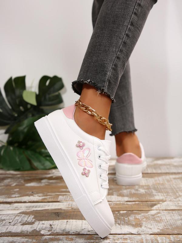 Women's Fashionable Butterfly Embroidery Design Lace Up Low Top Sneakers, Casual Comfortable Sports Shoes for Daily Wear, Female All-match Round Toe Shoes for Daily Wear