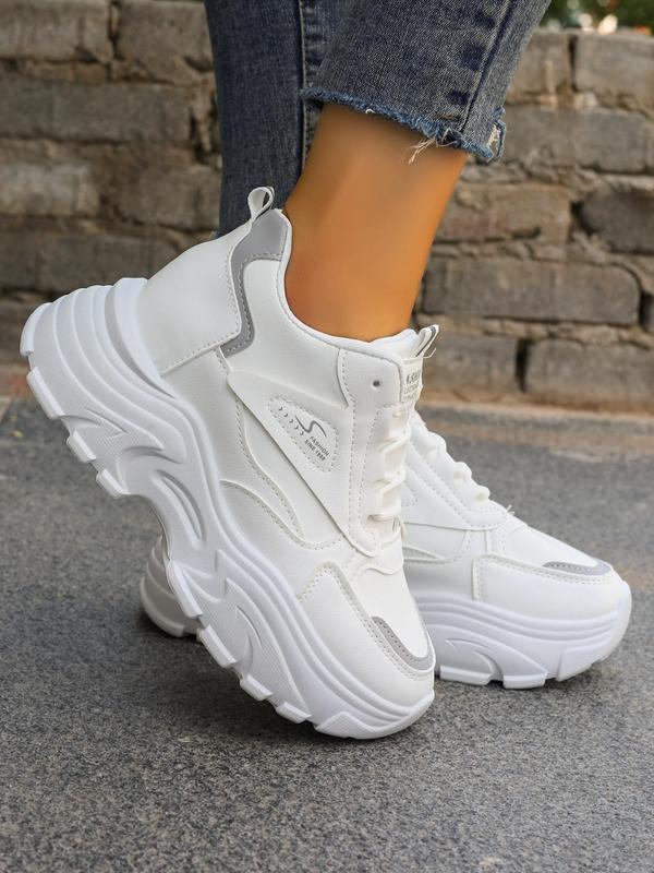 Women's Fashiona Letter Label Design Lace Up Front Chunky Sneakers, Casual Comfort Round Toe High Heel Sneakers, All-match Commuter Shoes for Work & Daily Wear