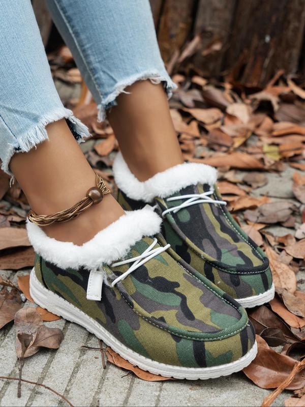 Women's Camo Pattern Lace Up Low Top Shoes, Casual Warm Thermal Lined Fall Shoes for Outdoor, Female All-match Round Toe Shoes for Winter