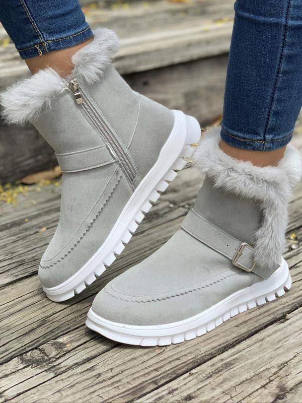 Women's Fashionable Contrast Faux Fur Belted Decor Boots, Casual Comfortable Warm Boots for Winter, Female All-match Trendy Shoes for Daily Wear