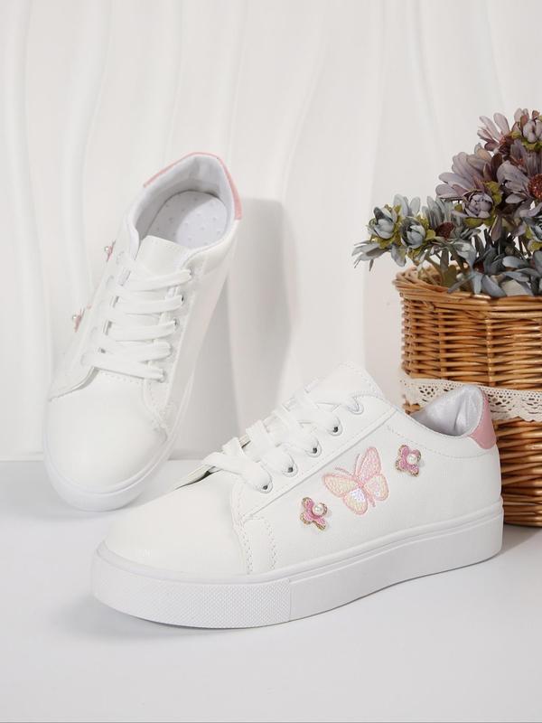 Women's Fashionable Butterfly Embroidery Design Lace Up Low Top Sneakers, Casual Comfortable Sports Shoes for Daily Wear, Female All-match Round Toe Shoes for Daily Wear