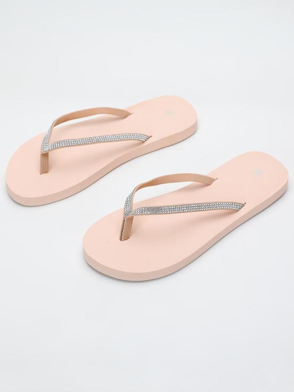 Women's Fashionable Rhinestone Decorated Flip Flops, Simple Plain Slide Sandals, Casual Home Beach Slippers for Summer