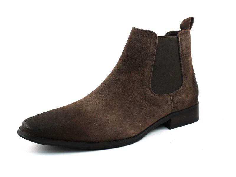 Men's Real Suede Brown Chelsea Boots Ankle High Pull On Round Toe Slip Resistant Block Heel AZARMAN