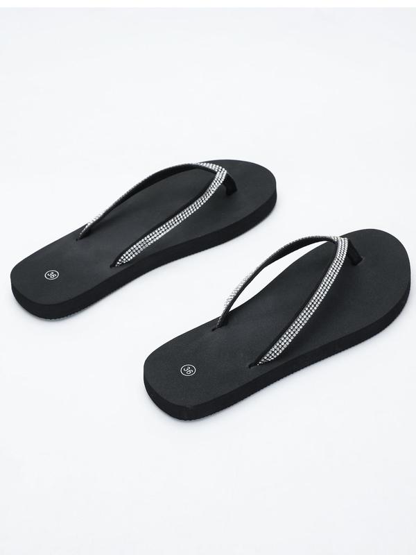 Women's Fashionable Rhinestone Decorated Flip Flops, Simple Plain Slide Sandals, Casual Home Beach Slippers for Summer