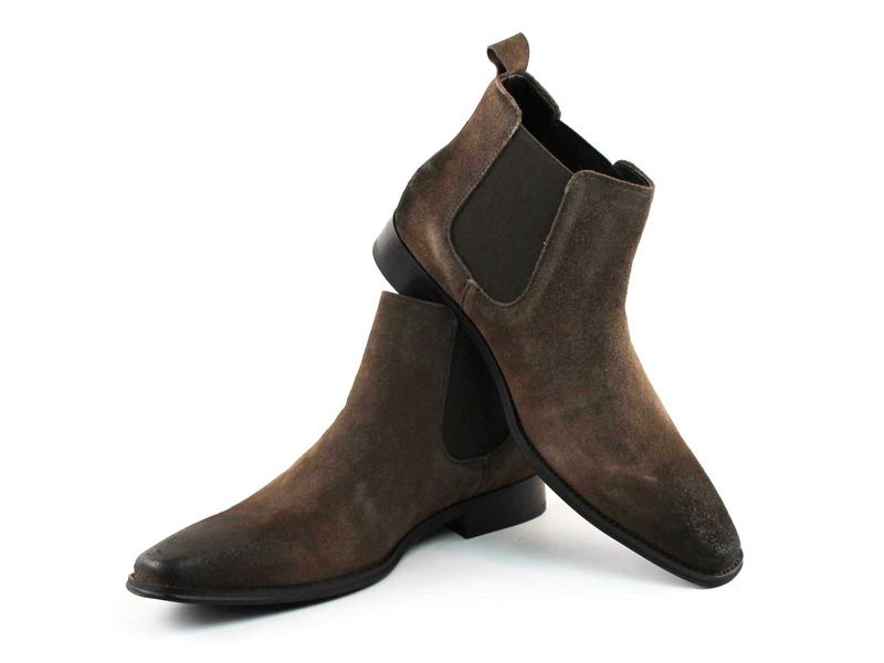 Men's Real Suede Brown Chelsea Boots Ankle High Pull On Round Toe Slip Resistant Block Heel AZARMAN