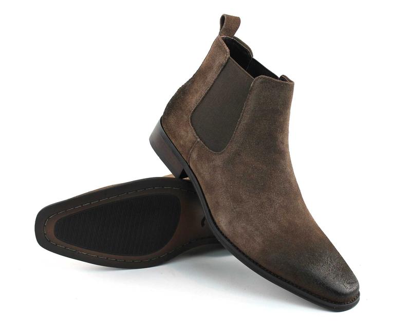 Men's Real Suede Brown Chelsea Boots Ankle High Pull On Round Toe Slip Resistant Block Heel AZARMAN