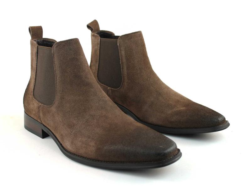 Men's Real Suede Brown Chelsea Boots Ankle High Pull On Round Toe Slip Resistant Block Heel AZARMAN