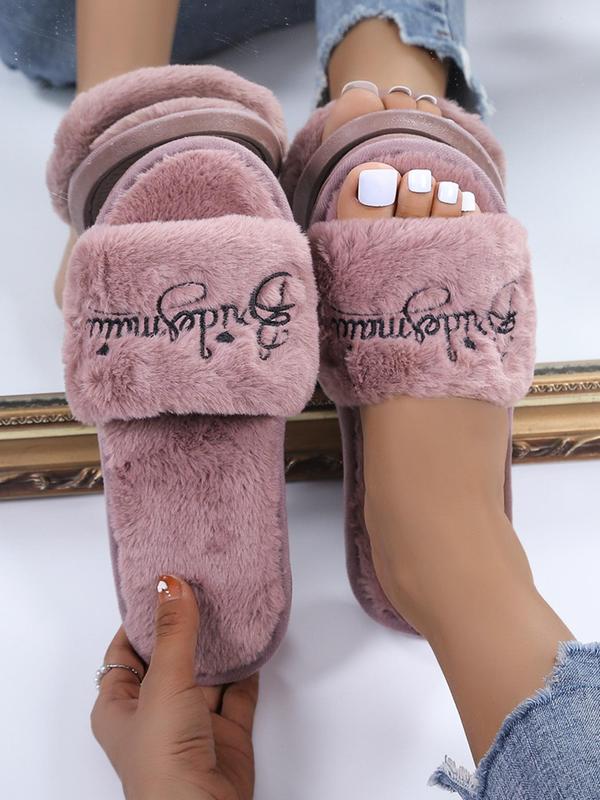 Women's 1 Pair Letter Embroidered Fluffy Plush House Slippers, Soft Comfy Trendy Fuzzy Home Slippers, Versatile Warm Winter Shoes for Home for Fall & Winter, Slide Shoes, Girls Footwear