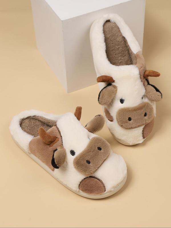 Women's Cute Cow Design Plush Slippers, 2024 New Style Casual Soft Comfortable Home Slippers, Warm Slippers for Indoor & Outdoor Use for Fall & Winter