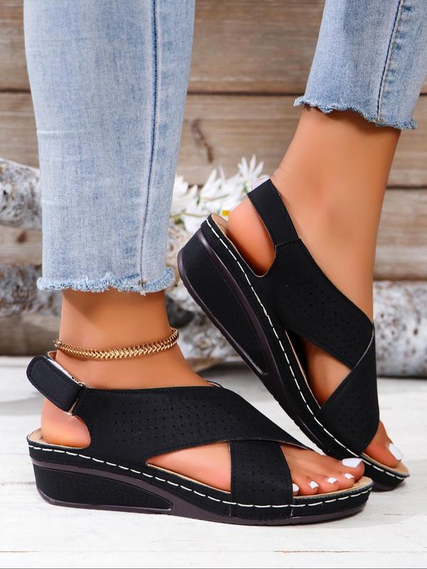 Women's Fashionable Criss Cross Hollow Out Design Sandals, Casual Comfortable Breathable Velcro Sandals for Summer, Solid Color Wedge Open Toe Sandals