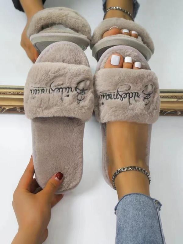 Women's 1 Pair Letter Embroidered Fluffy Plush House Slippers, Soft Comfy Trendy Fuzzy Home Slippers, Versatile Warm Winter Shoes for Home for Fall & Winter, Slide Shoes, Girls Footwear