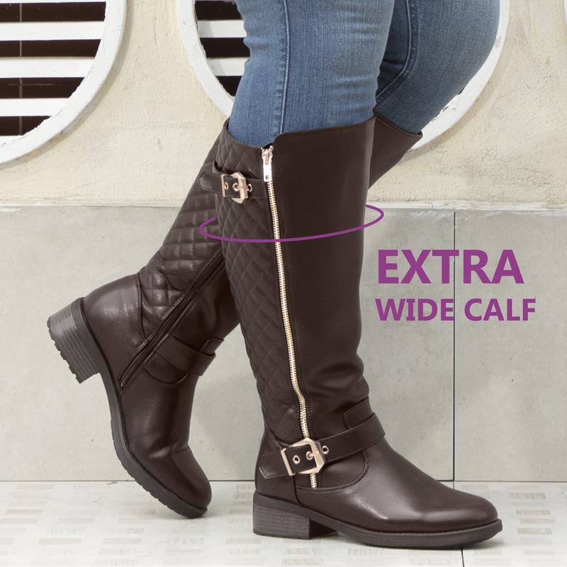 Women's Extra Wide Calf Knee High Riding Boots Retro Double Buckle Chic Style Fall Boots