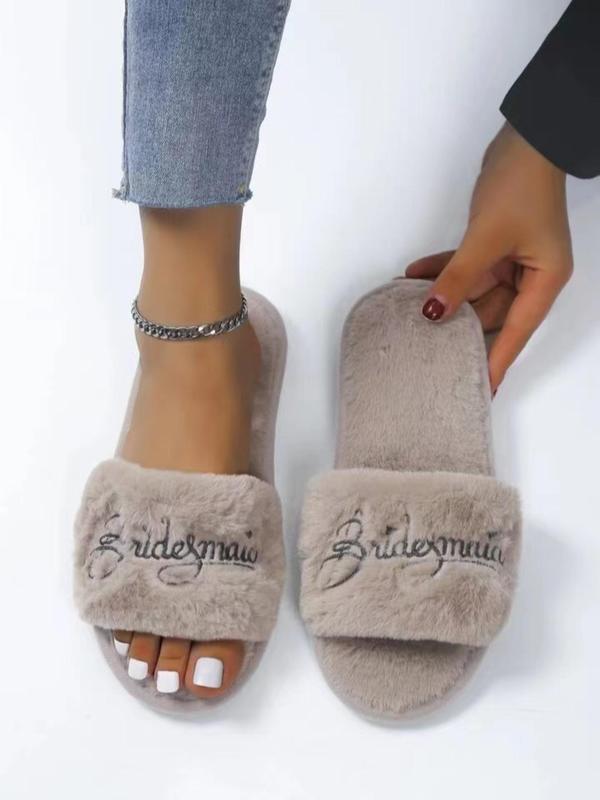 Women's 1 Pair Letter Embroidered Fluffy Plush House Slippers, Soft Comfy Trendy Fuzzy Home Slippers, Versatile Warm Winter Shoes for Home for Fall & Winter, Slide Shoes, Girls Footwear