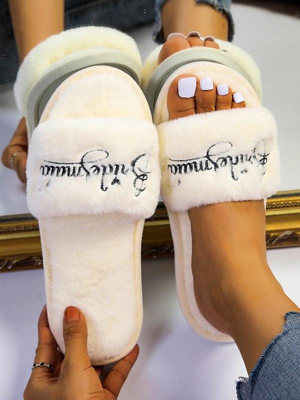 Women's 1 Pair Letter Embroidered Fluffy Plush House Slippers, Soft Comfy Trendy Fuzzy Home Slippers, Versatile Warm Winter Shoes for Home for Fall & Winter, Slide Shoes, Girls Footwear