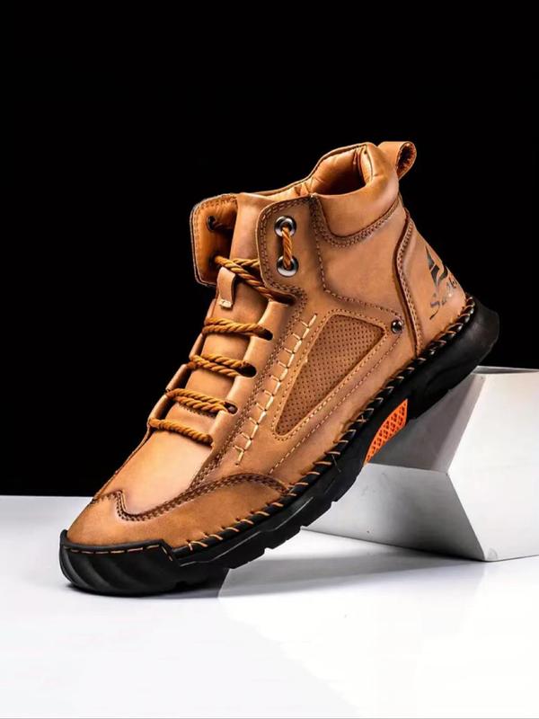 Men's Fashionable Patchwork Design Lace Up Ankle Boots, Casual Comfortable Breathable Non-slip Boots for Outdoor Activities, Durable PU Leather Shoes for Fall & Winter