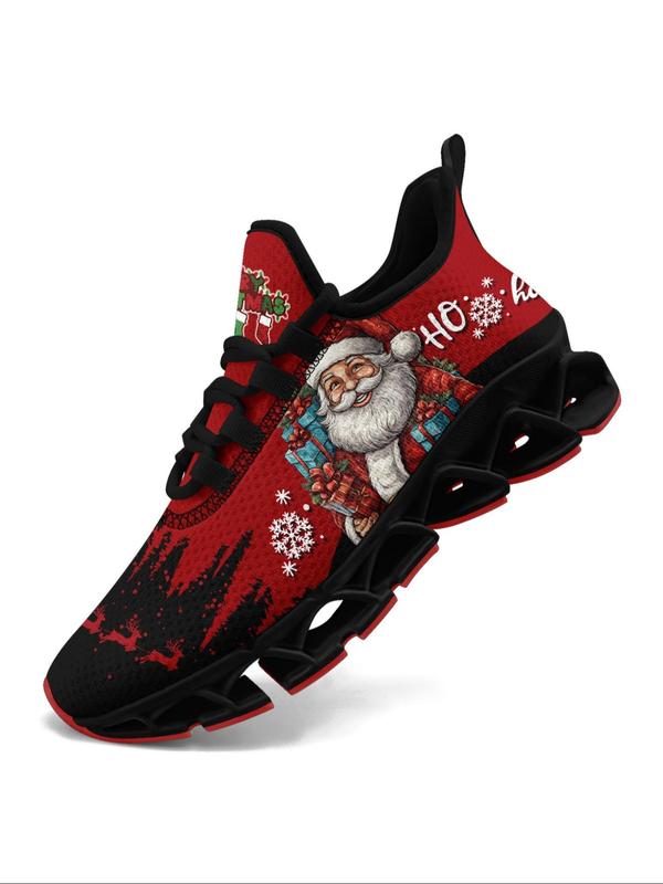 Men's Christmas Print Blade Sole Lace Up Front Sneakers, Casual Comfortable Breathable Sports Running Shoes, Male All-match Round Toe Shoes for Daily Wear