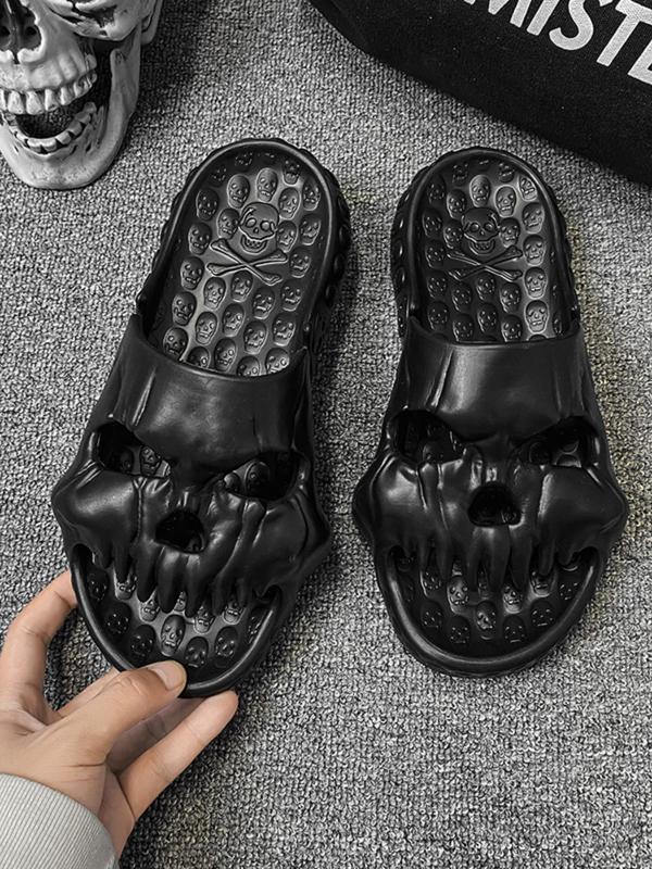 Men's Casual Hollow Out Skull Design Slippers for Beach Holiday Vacation, New Trendy Funny Cozy Slippers for Summer 2024, Fashion Comfortable Men's Novelty Bathroom Slippers for Shower, Boy's Walking Shoes, Footwear Gift