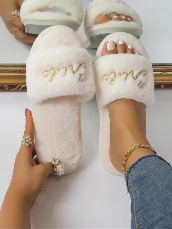 Women's Fashionable Letter Embroidered Fluffy Plush House Slippers, 1 Pair Casual Soft Fluffy Bedroom Slippers, Soft Warm Slippers for Fall & Winter