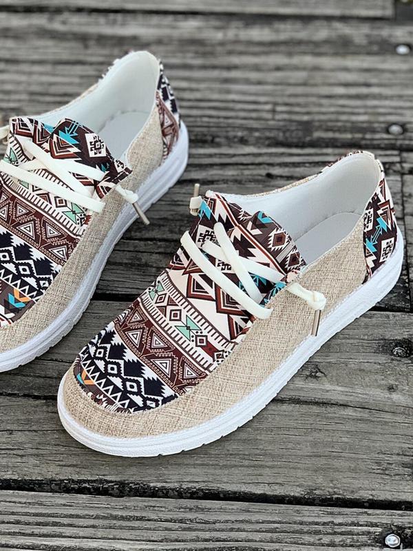 Women's Ethnic Pattern Lace Up Low Top Sneakers, Casual Comfortable Retro Flat Shoes, Female All-match Round Toe Shoes for Daily Wear