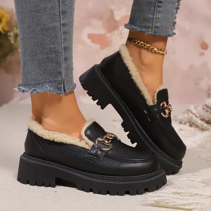 Women's Fashion Chain-Accented Oxford Shoes - Casual, Slip-On, Non-Slip Rubber Sole with Plush Lining for Winter Comfort