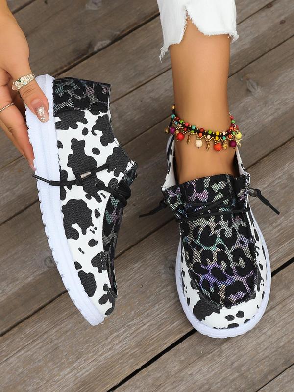 Summer Leopard Print Lace Up Canvas Sneakers, Casual Comfortable Breathable Round Toe Sports Shoes, Fashionable Shoes For Daily Back To School Wear