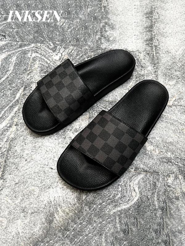 Men's Fashionable Plaid Pattern Pu Leather Slides, Casual Comfortable Home Slippers, Breathable Non-slip House Slippers for Indoor & Outdoor Wear