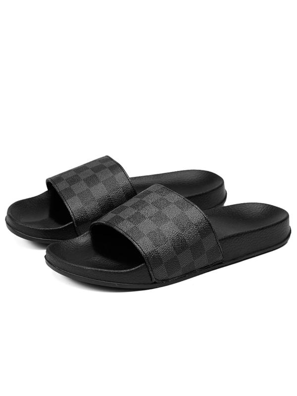 Men's Fashionable Plaid Pattern Pu Leather Slides, Casual Comfortable Home Slippers, Breathable Non-slip House Slippers for Indoor & Outdoor Wear