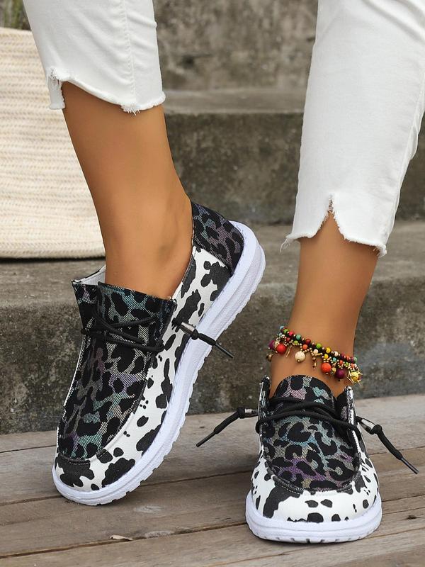 Summer Leopard Print Lace Up Canvas Sneakers, Casual Comfortable Breathable Round Toe Sports Shoes, Fashionable Shoes For Daily Back To School Wear